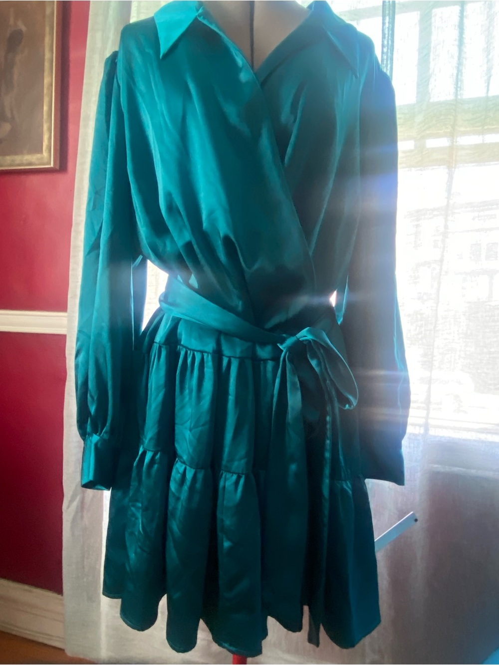 Super Sweet Teal Satin Wrap Dress with Tie Waist
